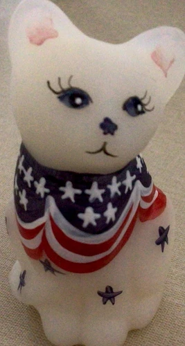 Fenton Opal Satin Patriotic Cat Figurine Hand Painted and Signed