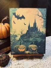 Halloween Haunted House Castle, Retro Handcrafted Flat Board Canvas