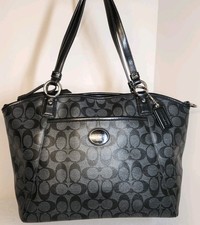 Coach 19816 Black/Grey Coated Signature Logo Peyton Pocket Tote READ