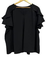 Lane Bryant Shirt Womens 26 Plus Size Black V-Neck Ruffle Flutter Sleeve Blouse