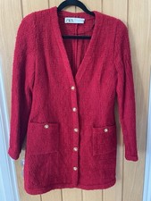 Zara Red Tweed Double Breasted Blazer Long Line Size Medium w/ Shoulder Pads 
