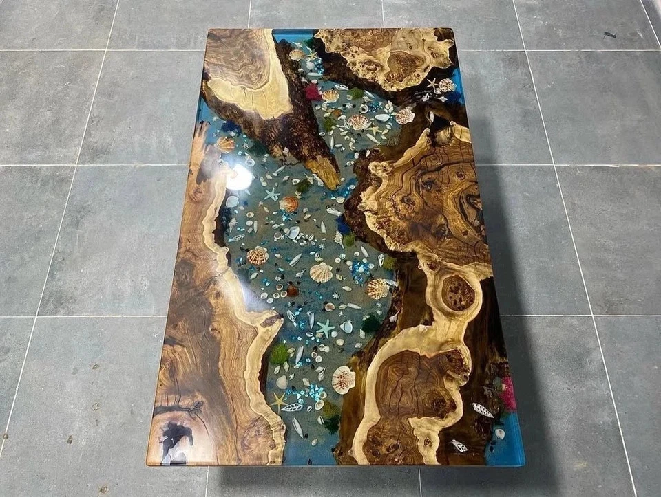 36"x60" Ocean Epoxy River Table Handmade Live Edge Wood Resin Coffee Dining Top - Image 3 of 4