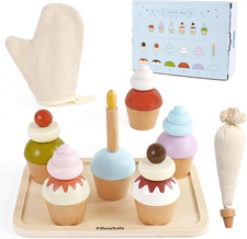 Wooden Cupcakes Toy, Kids Kitchen Playset, Pretend Play Food with Menu Best Gift