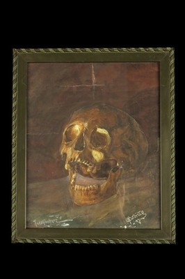 Antique watercolor, vanity circa 1920 / Memento Mori crane cabinet curiosities