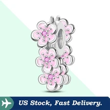 KUNSIR 925 Sterling Silver Pink Flower Stopper Bead Clip Charm For Bracelet DIY