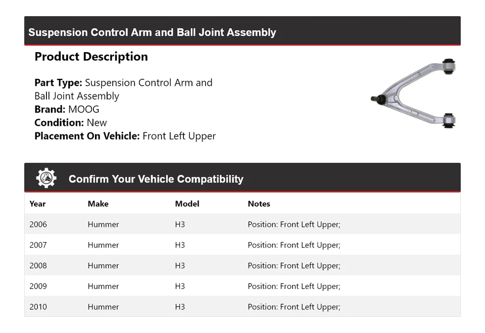 Conjunto de rótula de brazo de control delantero izquierdo superior MOOG para Hummer H3 2006-2010  Foto 2 de 4