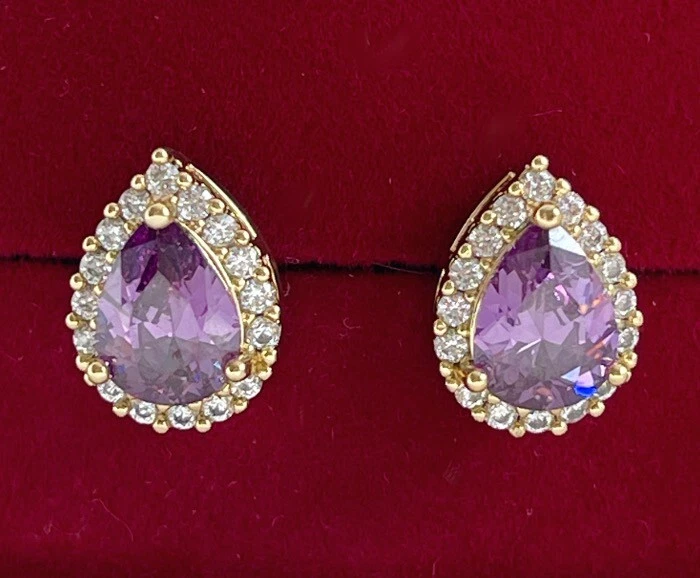 Luxus Ohrringe Ohrstecker Zirkon Lila 585er Rolled Gelbgold 14K vergoldet Damen - Bild 3 von 4