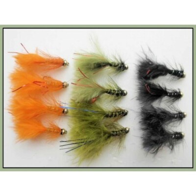 Forellenfliegen, 12er Pack GoldHead Flash Damsels, schwarz, oliv, orange, Angeln Fliegen