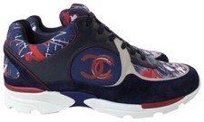 Authentic Chanel Graffiti Blue Suede Leather CC Logo Runway Sneakers EU 38 US 8