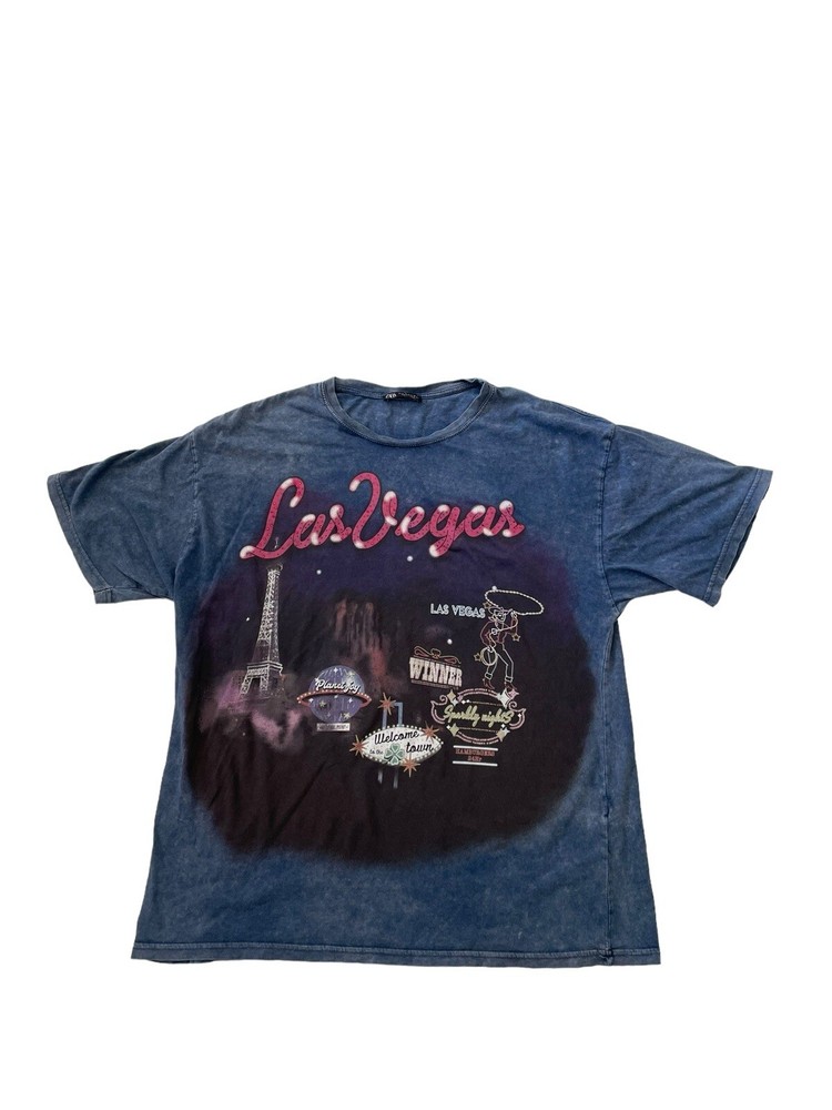 Zara Rhinestone Las Vegas Graphic Tee Short Sleeve Mineral Wash Medium
