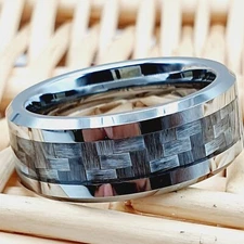 Gray Carbon Fiber Inlay Men Engagement Ring High Polished Tungsten Wedding Band