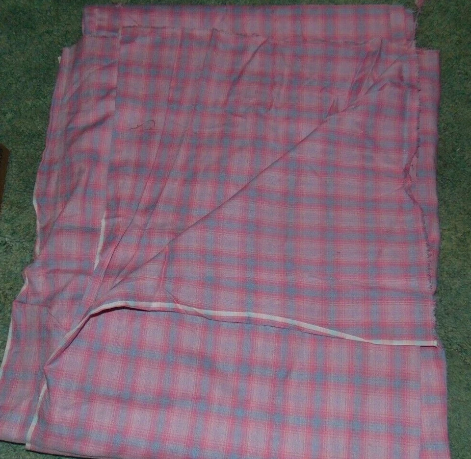 Fabric By The Yard Pink Blue Plaid 33 Inches Wide Cotton Textured - Image 2 of 2