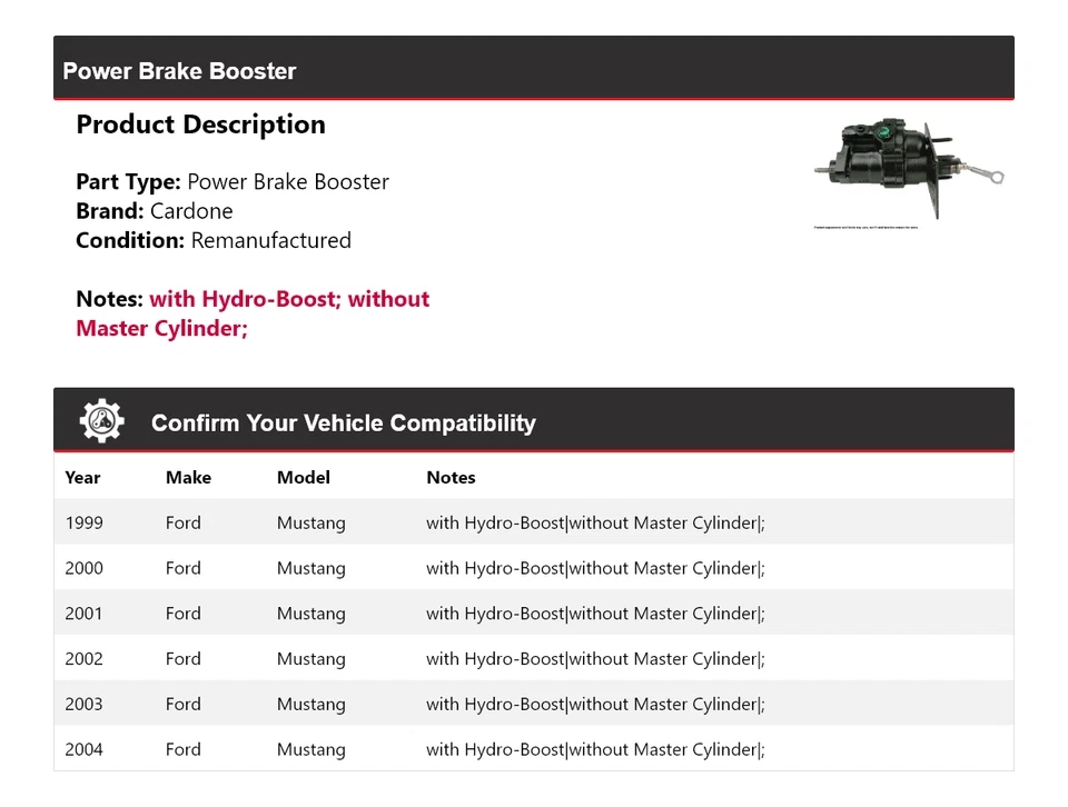 Para Ford Mustang 1999-2004 Power Brake Booster Cardone 2000 2001 2002 2003 Foto 2 de 4