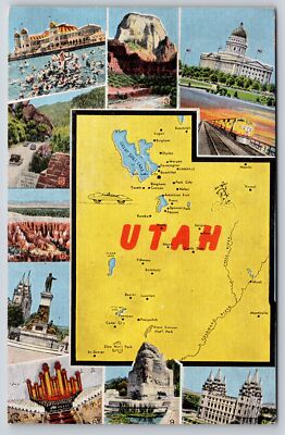 Utah State Map~Multi-Views~Key To Views On Back~Vintage Linen Postcard