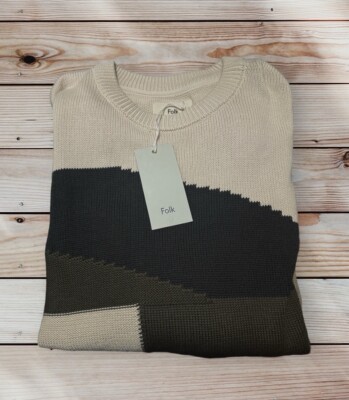 Folk Eday Rundhals Strick Strick Pullover Herren XL 5 Stockinette Wollpullover Grau