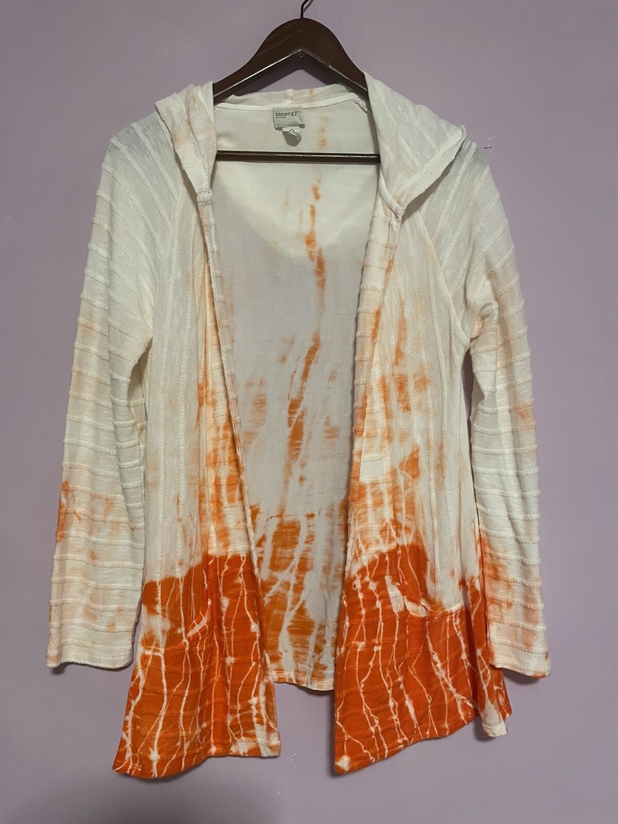 Zenergy Chico's White Orange Open Front Long Sleeve Cardigan Size O Bust 20  B19