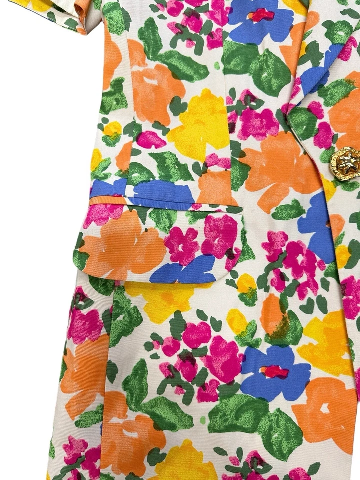 Blazer floral vintage 100 % seda RENA LONG RARO colorido blanco talla M mediano Foto 4 de 4
