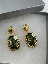 Stunning Green Dangle Earrings Featuring Butterfly And Flowers