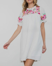 NEW NWT THML White Crinkle shift Embroidered Dress puff slv lined cottage core S