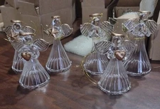 6 Glass Angels Ornaments Holding Star Heart Gold Trim 2 1/2 Inches Tall