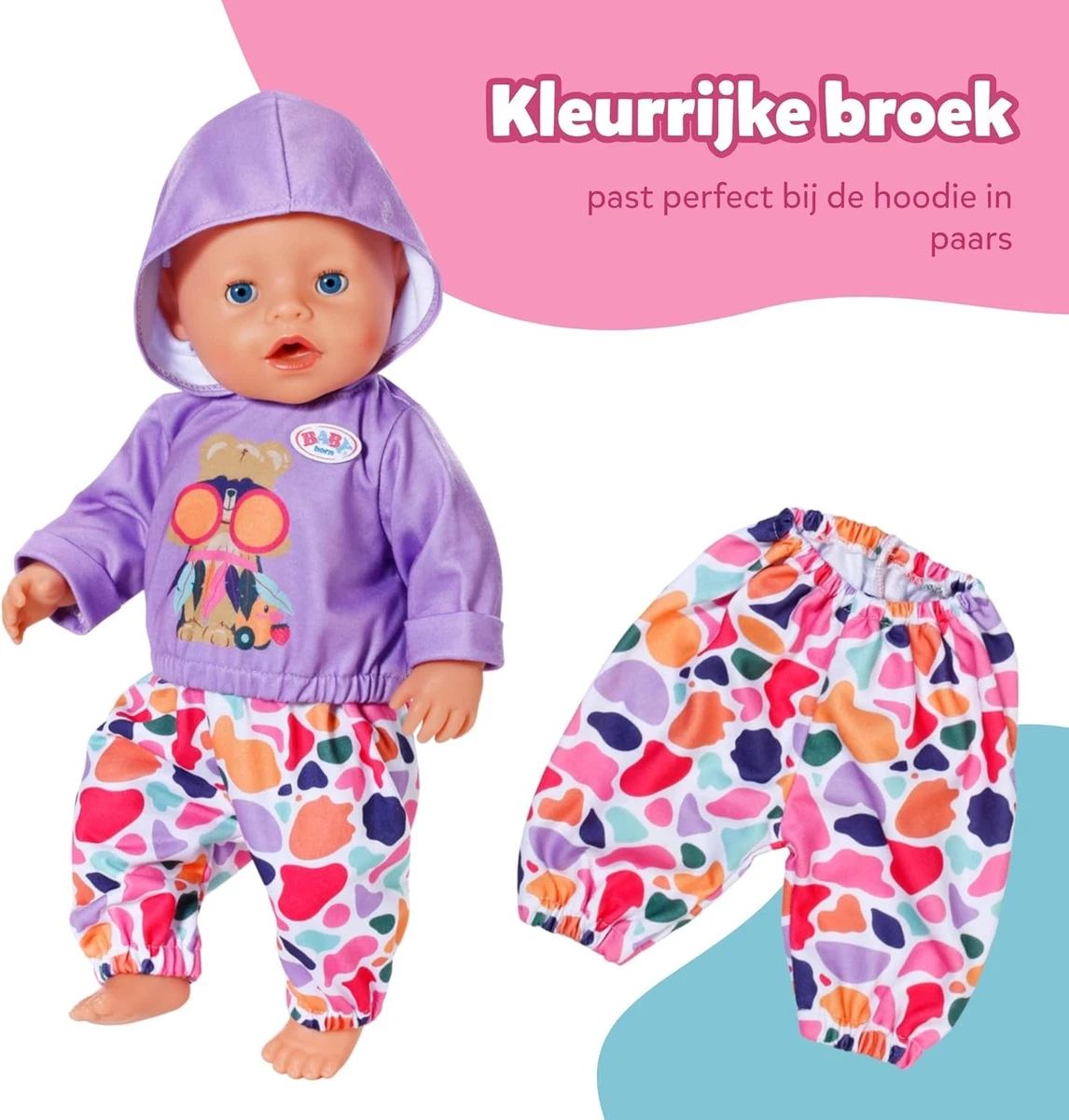 BABY born Hoodie Outfit, Purple Sweater and Colourful Trousers for 43cm Dolls, 8