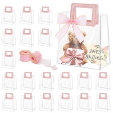 24 PCS 10x11x6 Large Clear PVC Gift Bags, Handles, Ribbon, Reusable, Party