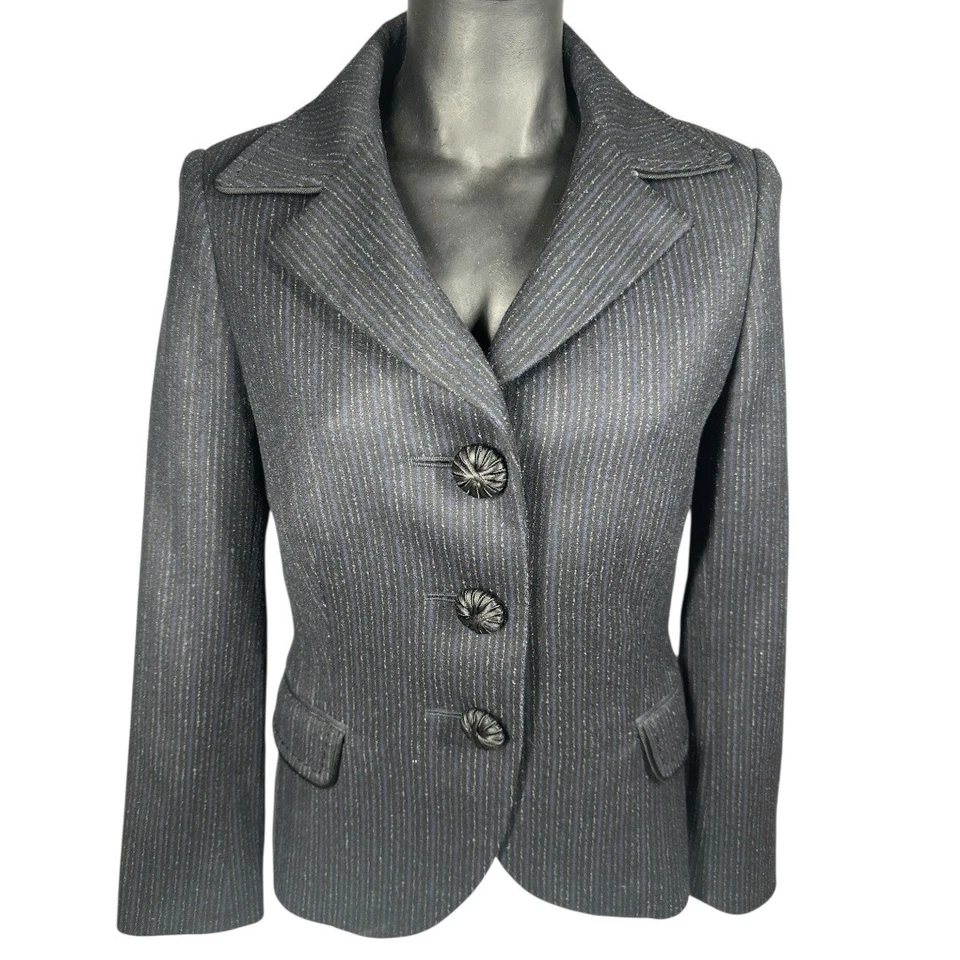 Blazer Cinzia Rocca Gris Rayas Lana EE. UU. 6 Fundas Pequeño Pecho Único Italia Foto 3 de 4