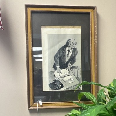 Framed Cartoon Drawing of Man at Desk Portrait Art Small Paper