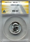 1964-D SILVER WASHINGTON QUARTER ANACS MS64 - **SEE DESCRIPTION** - FREE SHIP!