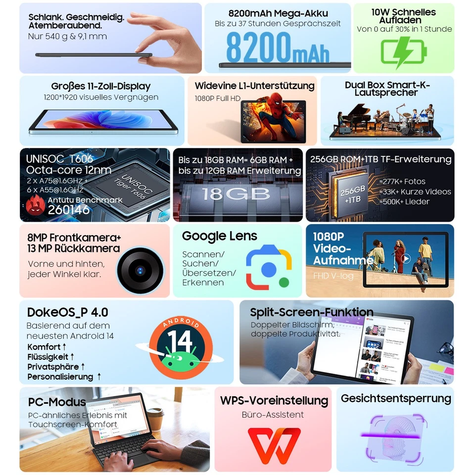 Blackview Tab 9 WiFi 11 Zoll Android 14 Tablet 18GB+256GB 8200mAh Octa Core - Bild 3 von 4