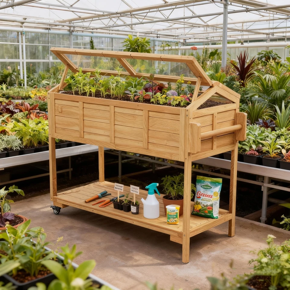  Raised Garden Bed with Wheels - Wooden Planter Box with Cover & Storage Shelves - Image 2 of 4