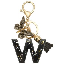 Initial Letter Keychain, Cute Butterfly Keychain with Tassel Letter W, Black