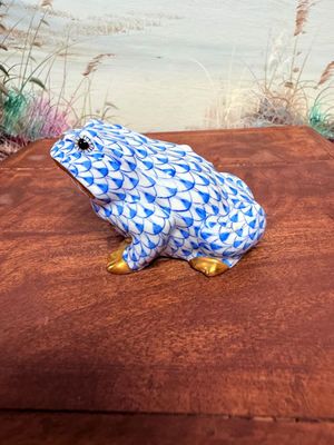 Herend Blue Fishnet FROG/TOAD Figurine Gold Accents Porcelain