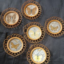 Vintage Set Of 6 Butterfly Rattan Wicker Coas...