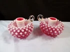 Set of 2 Fenton Cranberry Opalescent Glass Hobnail Candle Holders
