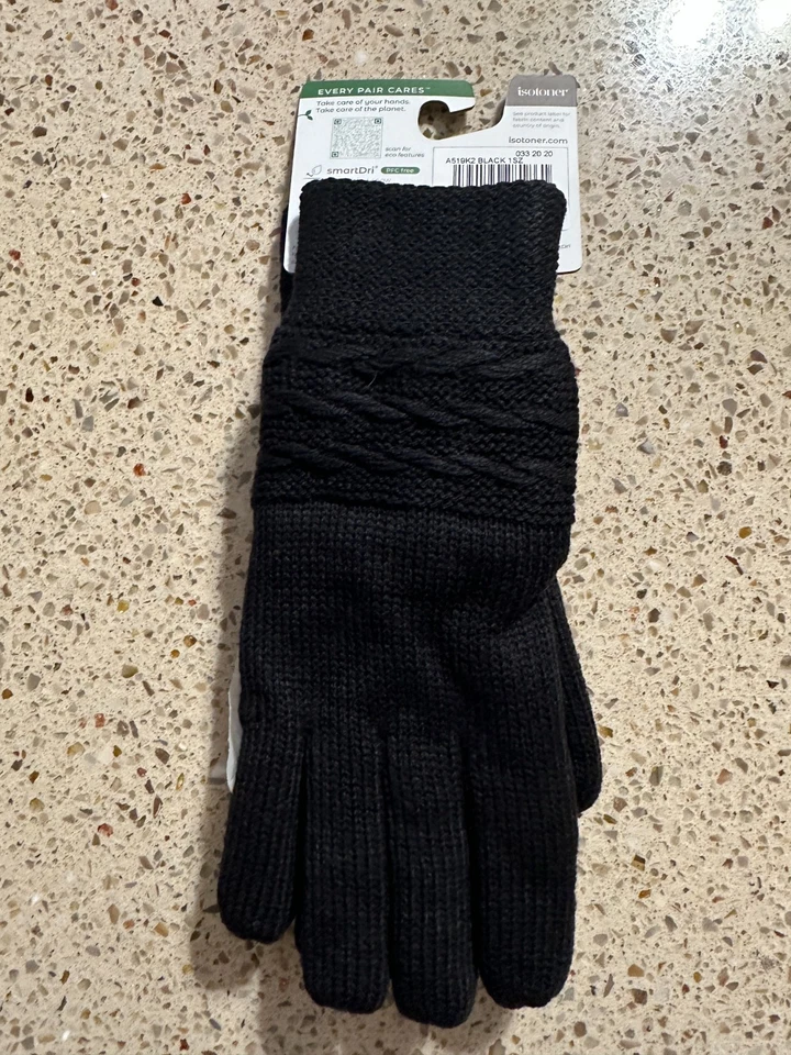 Isotoner женщин черный кабель полоски вязаные перчатки водоотталкивающий один размер новый с Ярлыками - Изображение 3 из 4