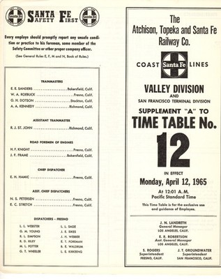 SANTA FE RR - COAST LINE - VALLEY DIVISION MITARBEITER TT-BEILAGE ''A'' 12.04.1965
