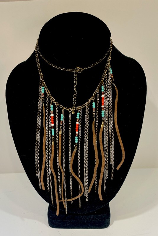 VTG Southwest Boho Multi-Strand Fringe Statement Necklace Torquoise Coral Bead 