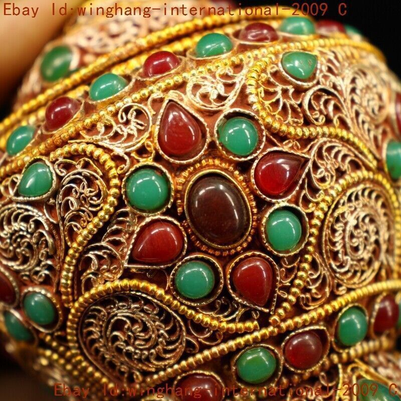 old Tibet silver filigree inlay gem Buddhist bone relic Zun