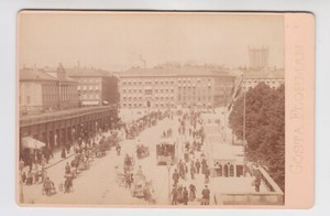 Sweden 1890s Stockholm. Street scene. Carriages. Bus. By Gosta Florman. Vintage