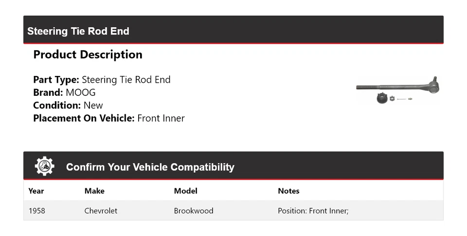 Para Chevrolet Brookwood 1958 extremo de barra de dirección interior delantero MOOG Foto 2 de 4