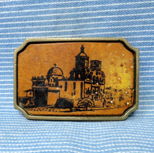 Desert Riad Riyad Belt Buckle Leather Inlay Solid Cast Brass Vtg 70s BTS .GTA862