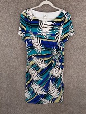 Sangria Sheath Dress Women 16 Blue Green Tropical Short Sleeve Knit Stretch Chic