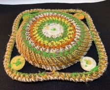 Basket Yellow Orange Green Yarn and Pine Needles Round Square 1  High 9 1/4  