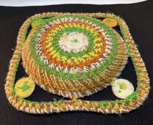Basket Yellow Orange Green Yarn and Pine Needles Round Square 1’ High 9 1/4”