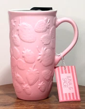 Luna & Sage Pink Textured Strawberries Ceramic Travel Coffee Mug with Lid