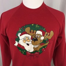 Vintage 80s Santa Reindeer Christmas Wreath Sweatshirt Large Jerzees Distressed