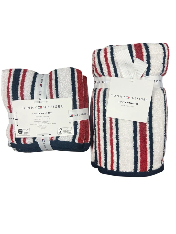 Tommy Hilfiger Juego de Toallas de 8 - 2 Baños, 2 Manos, 4 Lavados Rayas Rojo, Blanco, Azul Marino Foto 4 de 4
