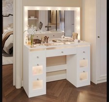 Lighted Makeup Vanity Desk with Mirror, 3-Color LED, 7-Drawer Glass Top Storage,