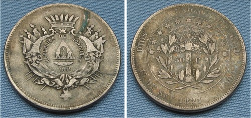 1871 Honduras 50 Centavos Silver Coin